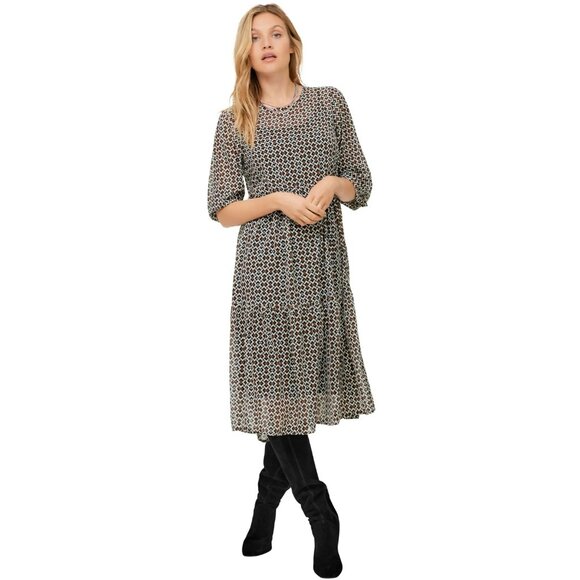 Ellos Women's Plus Black Geometric Print Sheer Overlay Tiered Dress Size 18/20 - Picture 1 of 17